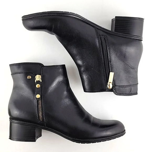 Bandolino Carrington Black Leather Ankle Boots Block Heel Gold Accents Size 6.5M - Picture 1 of 16